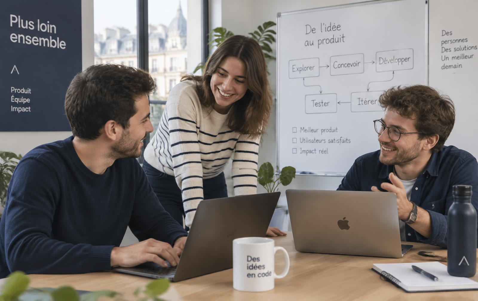 Une équipe de trois personnes travaillant ensemble sur la conception d'un logiciel métier